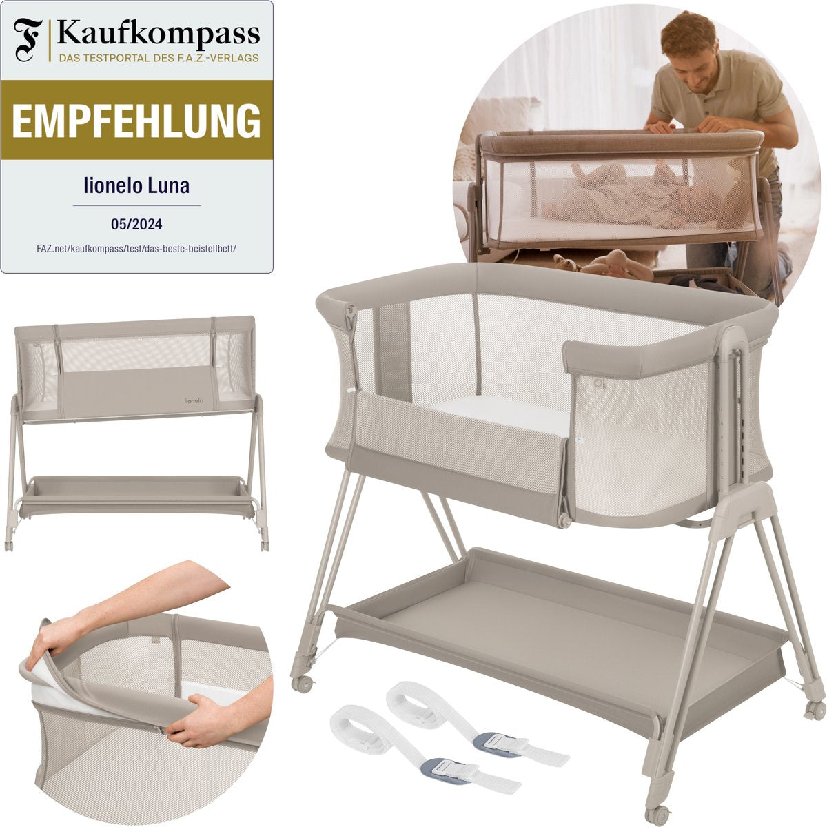 Lionelo Luna – 2-in-1-Babybett-Beistellbett – Geburt bis 9 kg – 7 Höhenpositionen – neigbare Matratze – Netzseiten – Räder mit Blöcken – waschbarer Bezug – inklusive Aufbewahrungskorb