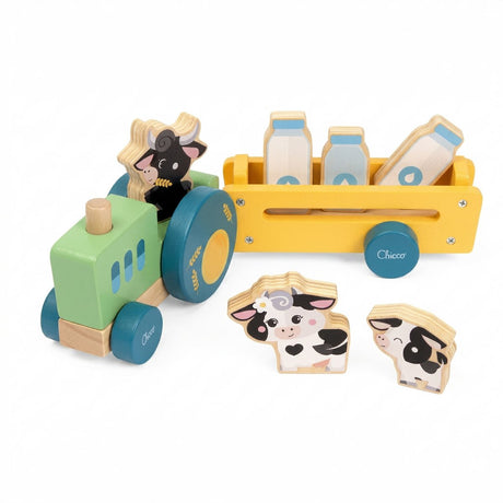 Chicco houten koeientraktor met aanhangwagen melkflessen - educatief speelgoed (2+)