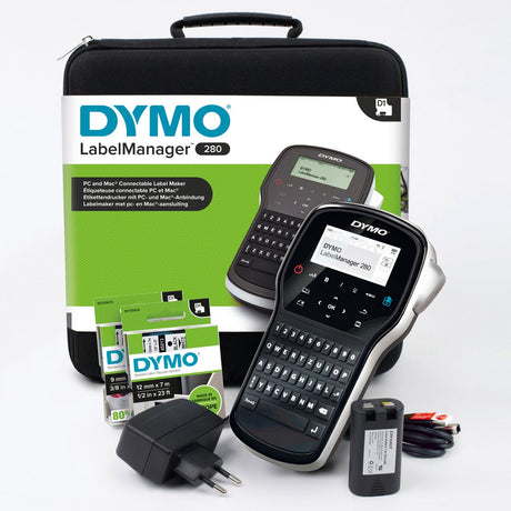 Dymo Label Manager 280 wiederaufladbares tragbares Etikettendrucker-Set | QWERTZ-Tastatur | mit 2 Rollen D1-Etiketten und einer Tragetasche