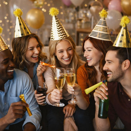 Sans Marque No Brand Partyhüte ohne Marke in Gold – 6-teiliges Set mit Sternen, Streifen und Zickzack-Druck – bequem und leicht – ideal für Geburtstage und Partys – Papier – ø7 x 12 cm – Gold Schwarz