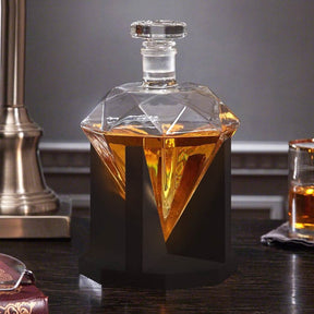 Mikamax diamond decanter - 850 ml diamant karaf handgeblazen met houten standaard en whiskey stones