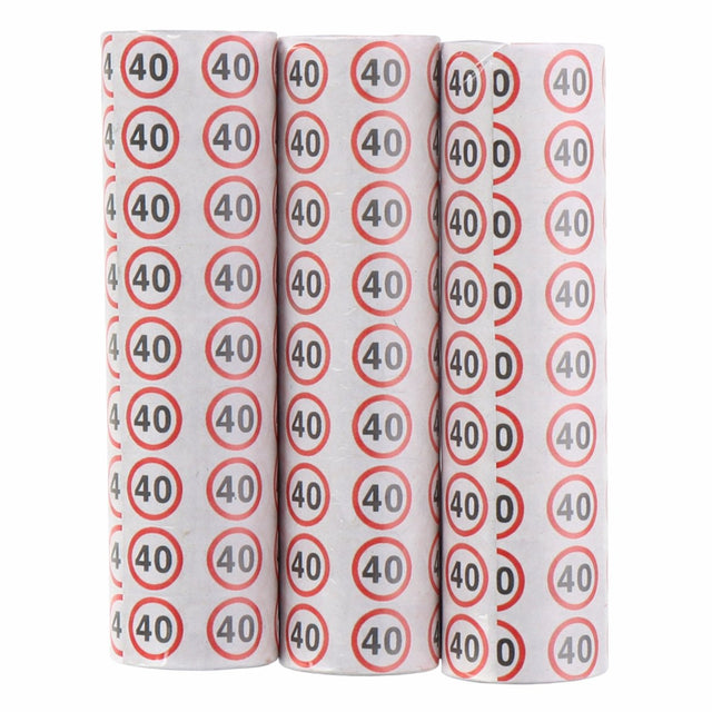 Partytime Serpentinendruck '40' pa - 3 Rollen Luftschlangen mit Verkehrszeichenaufdruck - 384 cm lang - 1,4 cm breit - Partydeko zum 40. Geburtstag - Weiß mit Rot