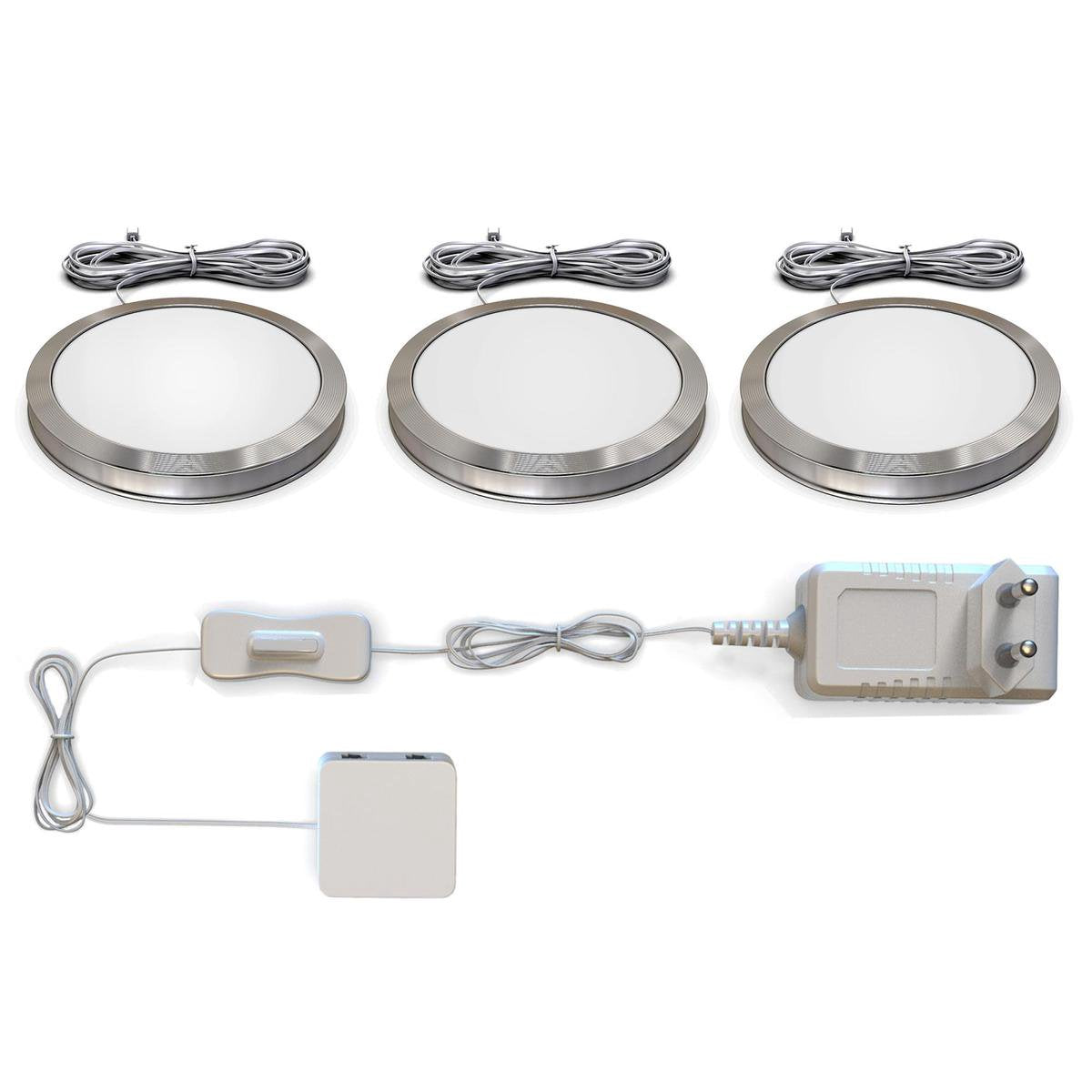 B.K. Leuchte - Untertischbeleuchtung - Küchenbeleuchtung - 3.000 K - 170 lm - ø5,9 cm - Silber - 3er-Set