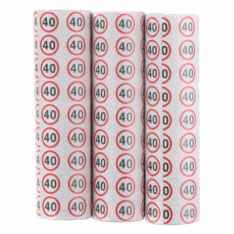 Partytime Serpentinendruck '40' pa - 3 Rollen Luftschlangen mit Verkehrszeichenaufdruck - 384 cm lang - 1,4 cm breit - Partydeko zum 40. Geburtstag - Weiß mit Rot