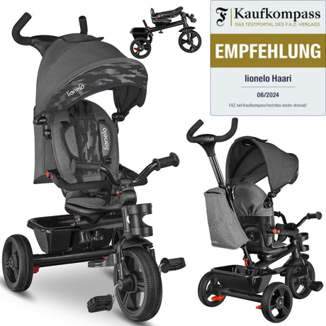Lionelo haari – Dreirad – Getränkehalter – 2in1 – drehbarer Sitz – wartungsfreie Gummiräder – Freilauf – Schiebestange für Eltern – Markise – Korb und Tasche – Getränkehalter – wächst mit – von 18 Monaten bis 25 kg