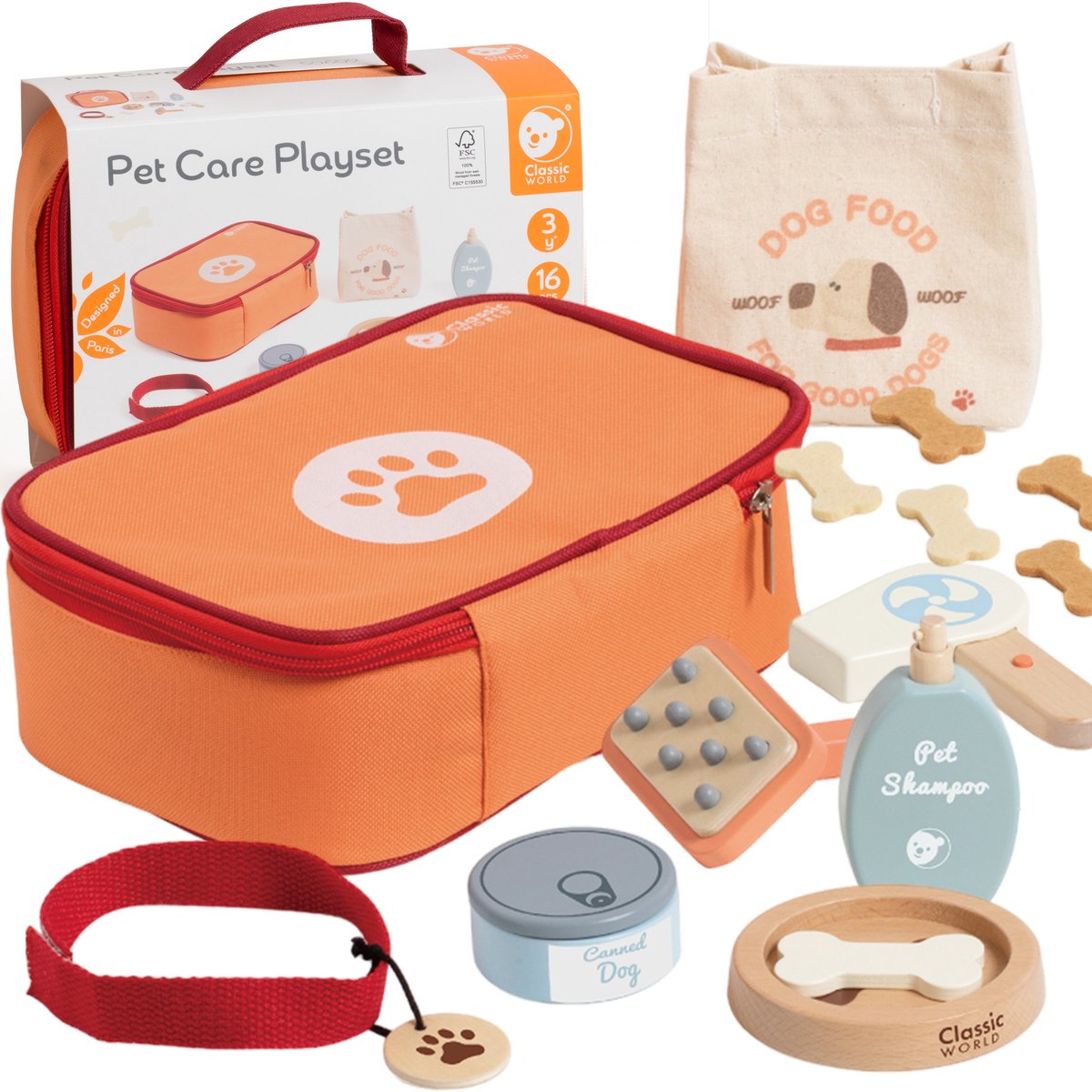 Classic World Tierpflege-Spielset aus Holz im Beutel, 16-teilig.