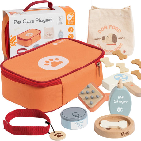 Classic World Tierpflege-Spielset aus Holz im Beutel, 16-teilig.