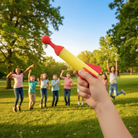 Eddy Toys Raketenkatapult 15 cm – Geschenk für Kinder – leicht und einfach zu bedienen – für drinnen und draußen geeignet – gelb rot – Material Gummi