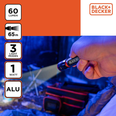 Black+decker led zaklamp 60 lumen - 1w - aa-batterij (excl.) - 65m bereik - 3 lichtstanden: hoog, laag, pulserend - zwart oranje