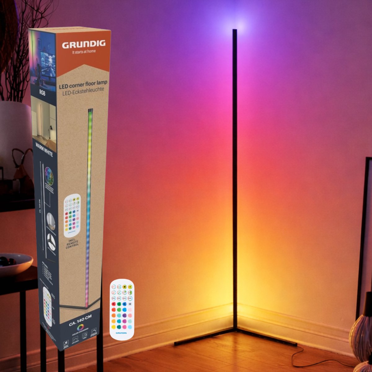 Grundig rgb led hoeklamp - rgb vloerlamp 140cm - hoeklamp led staand dimbaar rgbw en wit licht - rgb lamp staand - incl. afstandsbediening en muziek sensor