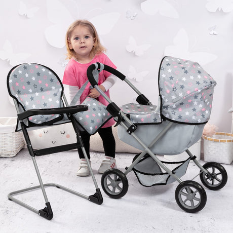 Bayer Design Kuscheliges Puppenwagen-Set, faltbar, weicher Griff, mit Hochstuhl, Tasche, grau