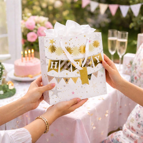 Merkloos sans marque no brand cadeauzakje happy birthday - cadeautas van papier met lint handvat - 4 verschillende designs - goud accenten - ideaal voor verjaardagscadeaus - 25 x 24,8 x 9,8 cm - meerkleurig