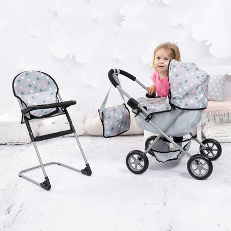 Bayer Design Kuscheliges Puppenwagen-Set, faltbar, weicher Griff, mit Hochstuhl, Tasche, grau