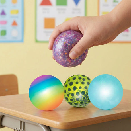 Eddy toys squish ball 4 stuks - squeeze ball squeezable - knijpbal set 4 stuks - squishy bal met verschillende designs - regenboog, glitter en stippen - 5 cm
