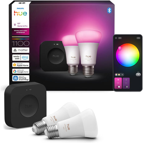 Philips hue starterkit - e27 fitting - bevat 1 hue bridge pro, 2 lampen - aanpasbaar wit en gekleurd licht - standaard lampvorm - slimme verlichting