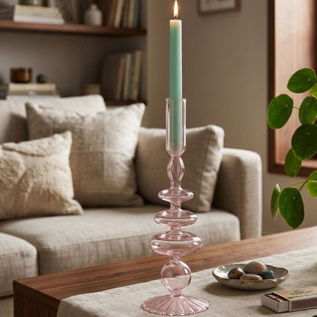 Arti casa Kerzenständer mit Kugeln – Kerzenhalter aus Glas für stimmungsvolle Beleuchtung – einzigartiges Kugeldesign – geeignet für verschiedene Kerzenarten – Größe ø9x28cm – Farbe Rosa