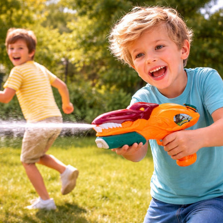 Eddy toys waterpistool dino - speels dinosaurus design - gemaakt van kunststof - werkt zonder batterijen - geschikt voor kinderen vanaf 4 jaar - afmetingen 45 x 23 x 6 cm - kleur groen oranje