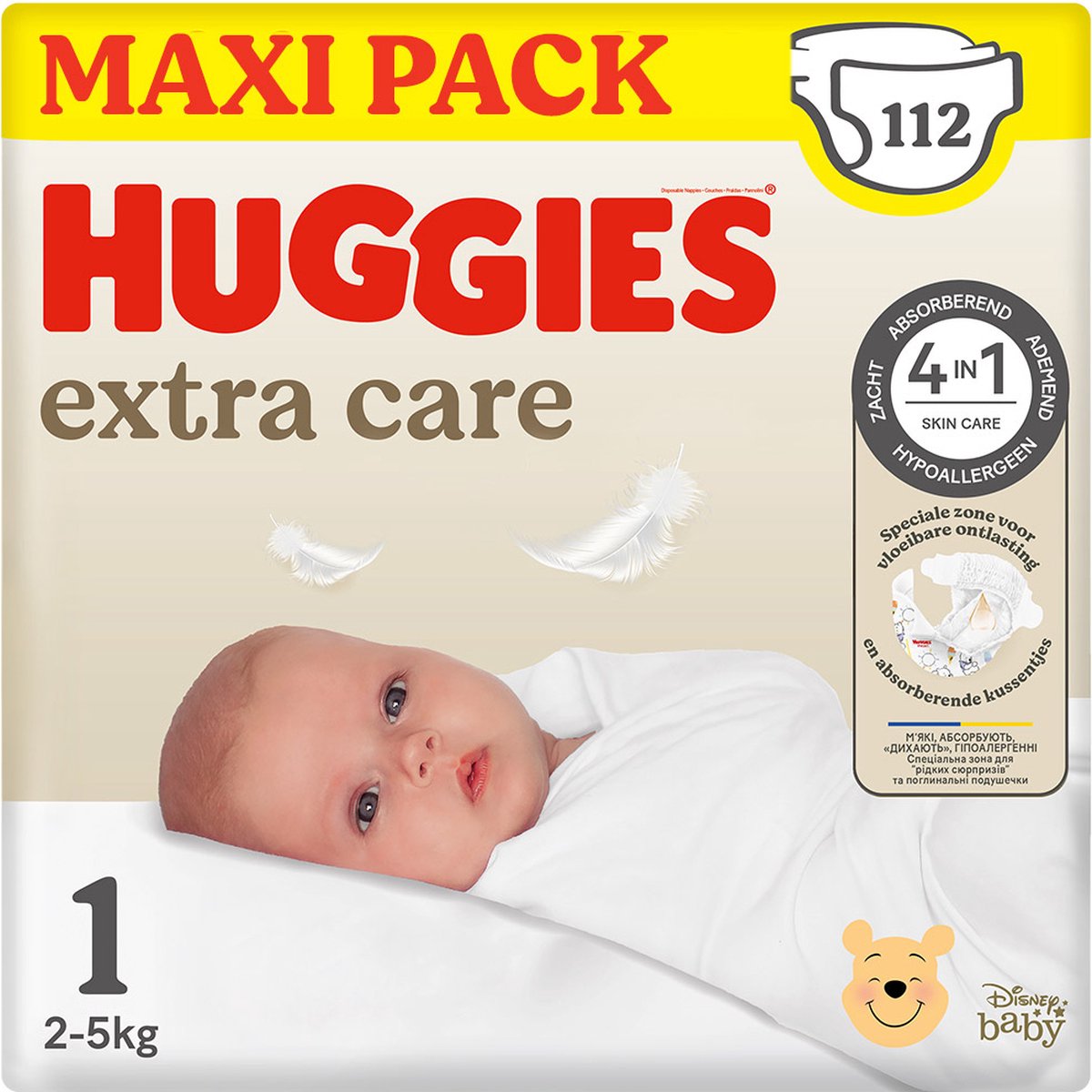 Huggies® Extra Care Babywindeln, Größe 1 (2 bis 5 kg), 112 Windeln mit Feuchtigkeitsindikator und Disney-Motiven, Maxipack