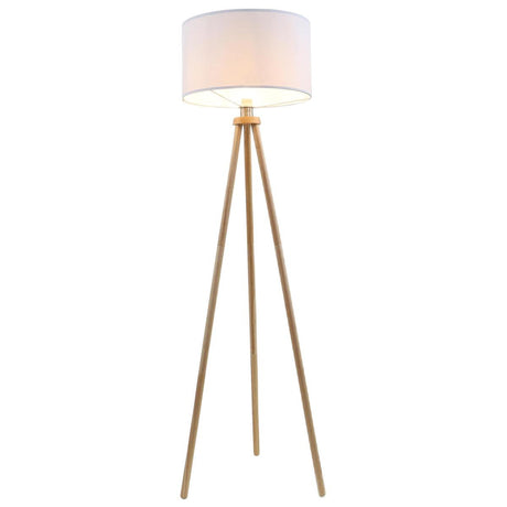 Briloner – Stehlampe Scandi – Stoff und Holz – Wohnzimmerlampe – weiße Stehlampe – E27-Fassung – H: 148 cm – ø45,5 cm