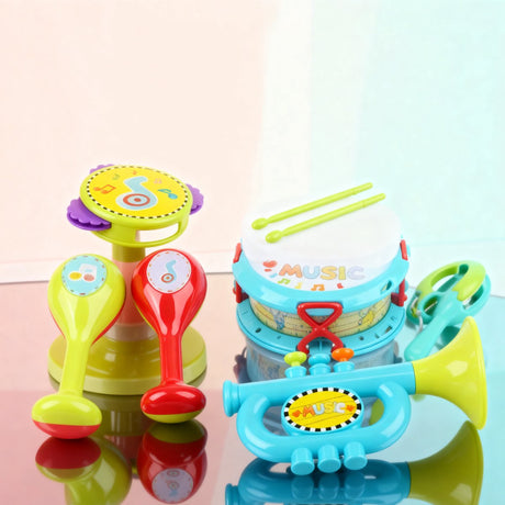 Let's Play Musikinstrumente-Spielset – 9-teilig – für Kleinkinder – fördert die motorischen Fähigkeiten und die musikalische Entwicklung – Kunststoffmaterial – mehrfarbig – inkl. Trompete und Tamburin