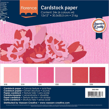 Florence vaessen creative cardstock, stevig kaartpapier 216g - roze, 24 stuks. 30,5 x 30,5 cm