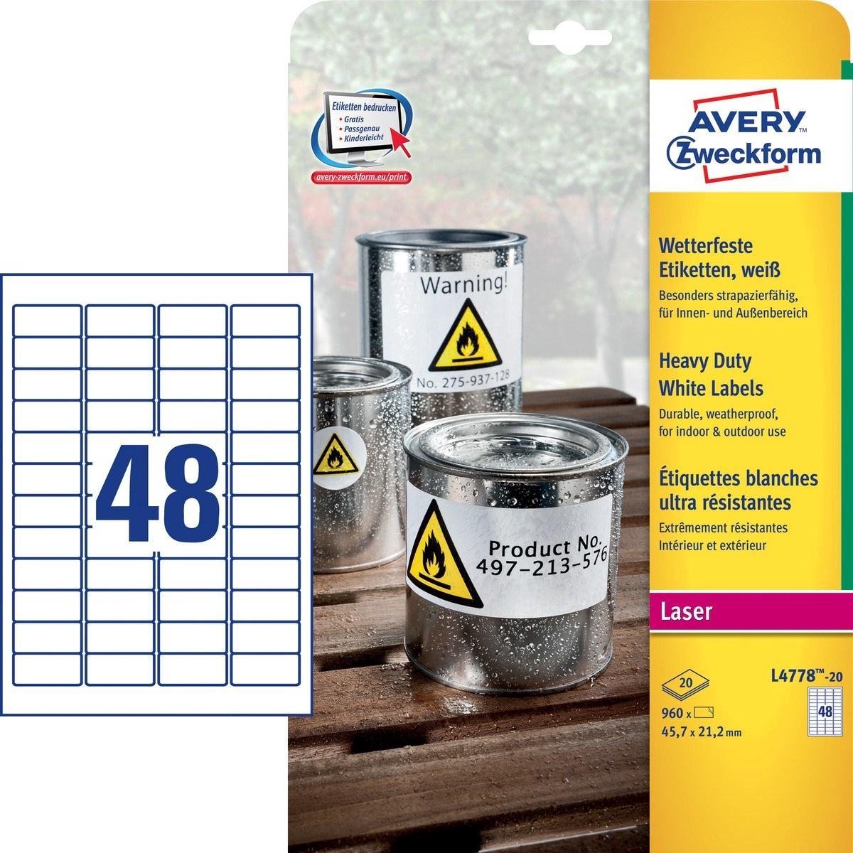 Markenlose, ultrastarke Avery-Etiketten in Weiß, Format 457 x 212 mm (B x H), 960 Stück, 48 Stück pro Blatt