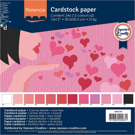 Florence vaessen creative cardstock - valentijn kleuren - 30,5 x 30,5 cm - 24 vellen - textuur - 216 g