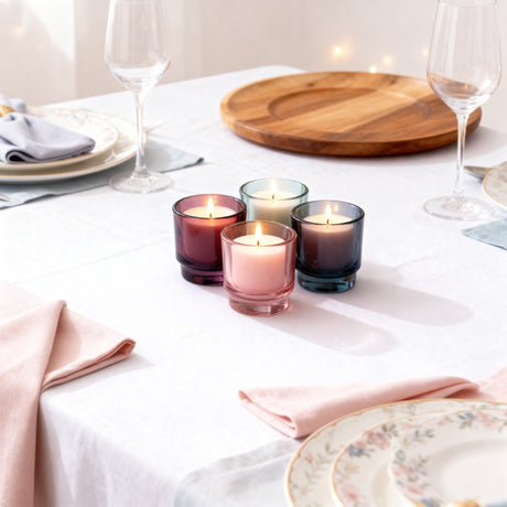 Arti casa Kerzenständer-Set mit 4 Teelichthaltern – Glas – rund – modernes Design – Durchmesser 9 cm x Höhe 10 cm – braun, hellgrün, hellgrau und rosa – 2 Jahre Garantie