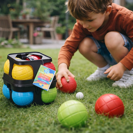 Eddy Toys Jeu de Boules 9-teiliges Set – Boule-Spiel aus Kunststoff – ideal für Garten und Strand – für Kinder und Erwachsene – inklusive Tragekorb – rot, gelb, blau und grün