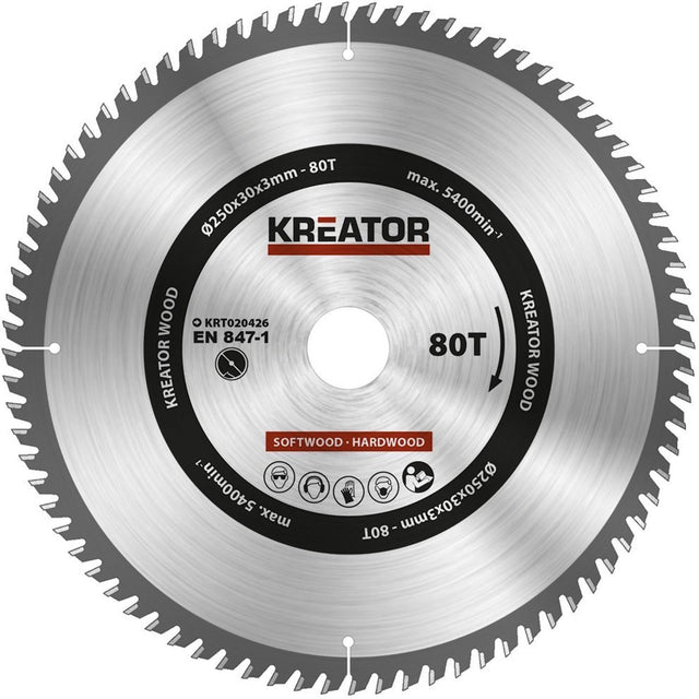 Kreator krt020426 Sägeblatt Holz 250 mm -80t