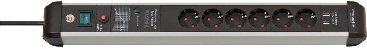 Brennerstuhl premium-protect-line 60.000a Steckdosenleiste mit Überspannungsschutz und USB 6-fach 3m h05vv-f 3g1,5