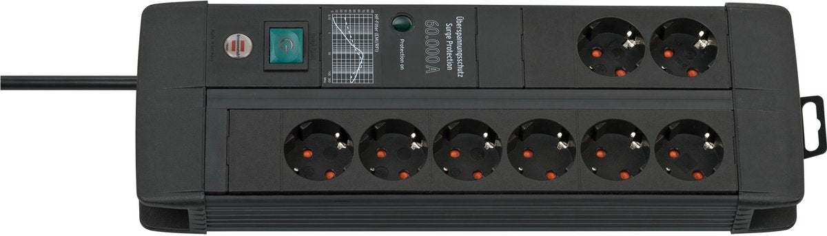 Brennerstuhl Premiumlinie | 60.000 a | Steckdosenleiste | mit Überspannungsschutz | 8-fach | Duett | schwarz | 3m | h05vv-f 3g1,5 - 1256000678