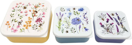 Puckator Lunchbox Snacktöpfe – 3er-Set – M L XL – Nektarwiesen – Wildblumen Bienen – 6 x 13,5 x 13,5 cm (XL)