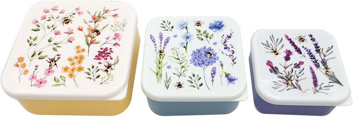 Puckator Lunchbox Snacktöpfe – 3er-Set – M L XL – Nektarwiesen – Wildblumen Bienen – 6 x 13,5 x 13,5 cm (XL)