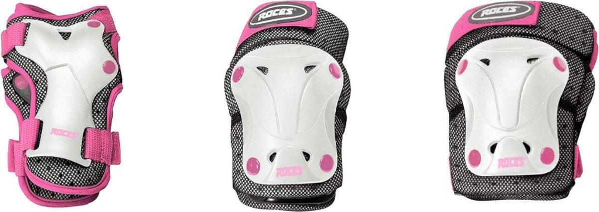Roces Schlittschuh-Schutzset für Kinder – Knie-, Ellenbogen- und Handgelenkschützer – Weiß Rosa – Größe S