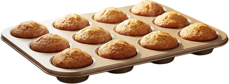 Alpina Muffinform 35x26,5x3cm – Backform für 12 Muffins – Antihaftbeschichtung – ofenfest – für den täglichen Gebrauch in der Küche geeignet – aus Metall – goldfarben – praktisches Backzubehör
