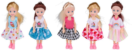 Eddy toys mini modepopjes 5 stuks - speelgoedpopjes 12 cm voor kinderen - modepoppen met kleurrijke outfits - inclusief vensterdoos - poppen voor poppenhuis - vanaf 3 jaar