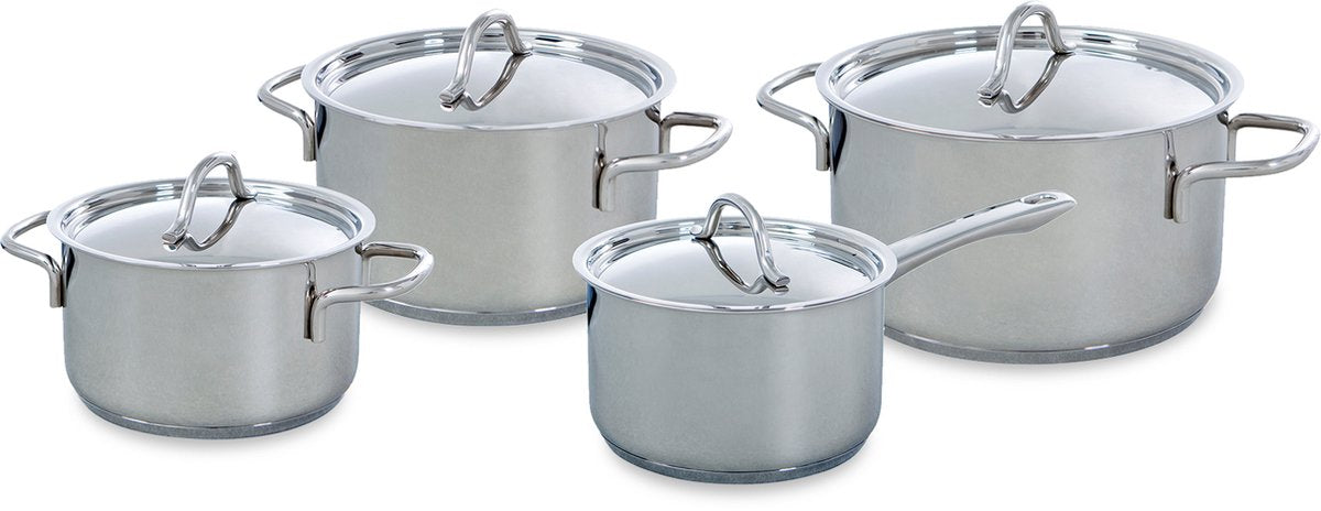 BK Profiline Pfannenset 4-teilig – 16 x 18 x 20 cm – ohne PFAS-freie Antihaftbeschichtung – Induktionspfannenset – Kochpfanne aus Edelstahl – ofenfest bis 160 °C – mit Deckel – silberfarben