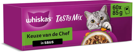Whiskas Katzenfutter – Erwachsene ab 1 Jahr – leckere Mischung nach Wahl des Küchenchefs in Soße – 60 x 85 g