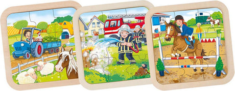 Goki Holzpuzzle Farm, Feuerwehr, Pferd, 9st.