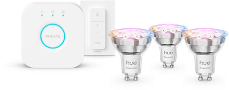 Philips hue essential starterkit - e27 fitting - bevat 1 hue bridge, 3 spots, draadloze schakelaar - aanpasbaar wit en gekleurd licht - standaard lampvorm - slimme verlichting