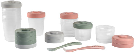 Béaba – Vorratsgläser – 12er-Set – 2 x 90 ml, 4 x 150 ml, 6 x 250 ml + 2 Silikonlöffel – hermetisch – mikrowellengeeignet – grün-rosa – BPA-frei