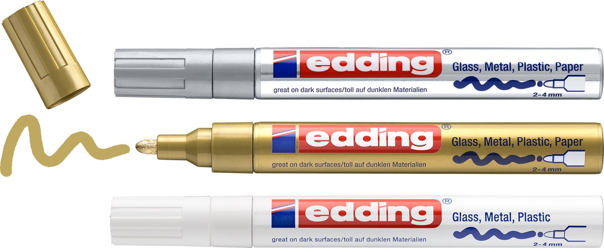 Edding 750 3 s metallic lakmarker set - assorti 3 stuks: wit, goud, zilver - 2-4mm