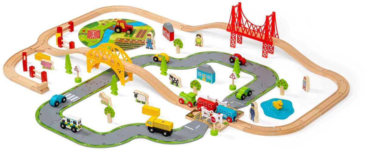 Bigjigs Wooden Road und BAUS -SET -Landschaft, 80dlg.