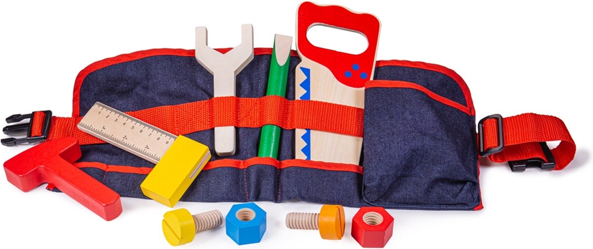 Bigjigs Toys roter Werkzeuggürtel mit Holzwerkzeugen – Bigjigs – mit Clipverschluss – 10 Stück