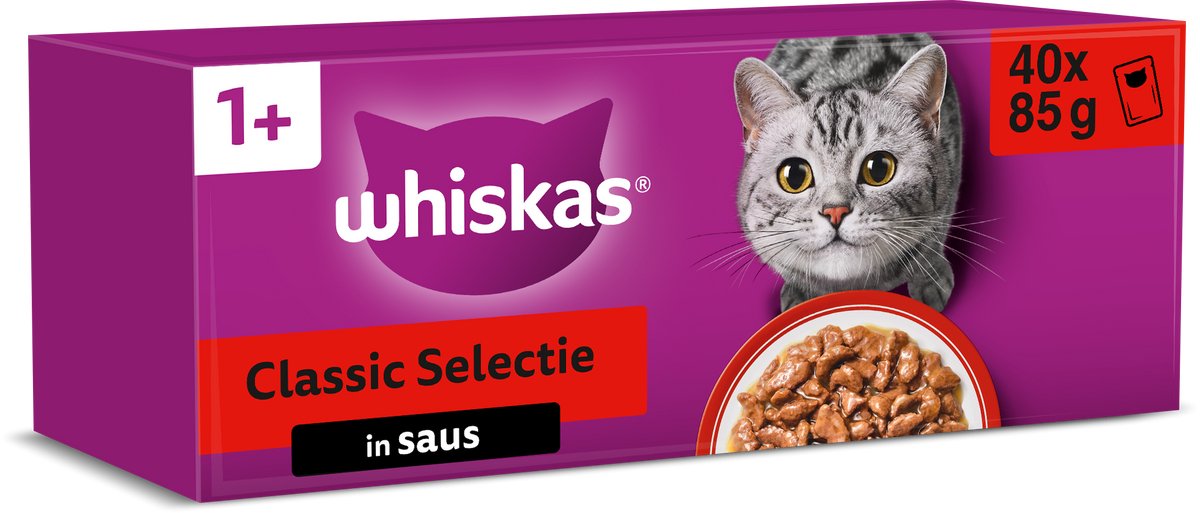 Whiskas Katzenfutter – Erwachsene 1+ – klassische Auswahl in Soße – 40 x 85 g