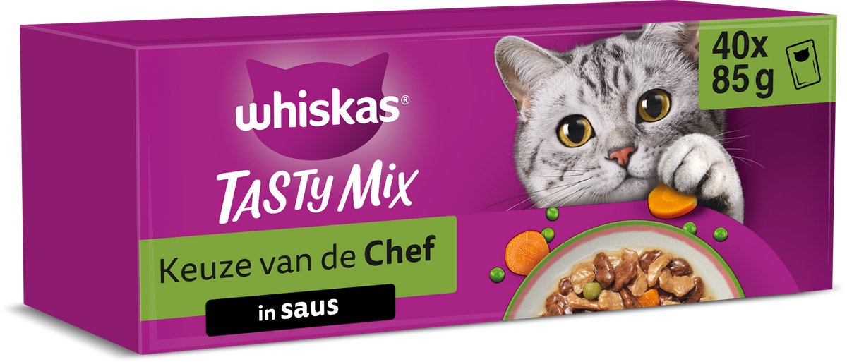 Whiskas Katzenfutter – Erwachsene ab 1 Jahr – leckere Mischung nach Wahl des Küchenchefs in Soße – 40 x 85 g