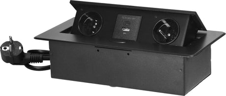 Orno Schreibtisch-Steckdosenleiste mit USB A C – Pop-up-Steckdosenleiste mit 2 Steckdosen – integrierter Verteilerstecker mit Edelstahl-Finish – Verteilerkasten mit 1,5 Meter Kabel – für max. 3680 Watt - Erdungsstift - Schwarz