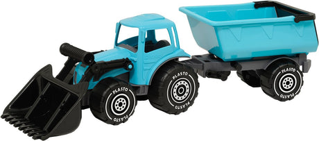 Plasto tractor met voorlader en aanhanger turquoise 57 cm - speelgoedvoertuig - complete set - grote tractor - stevig kunststof - gemaakt in finland - vanaf 1 jaar