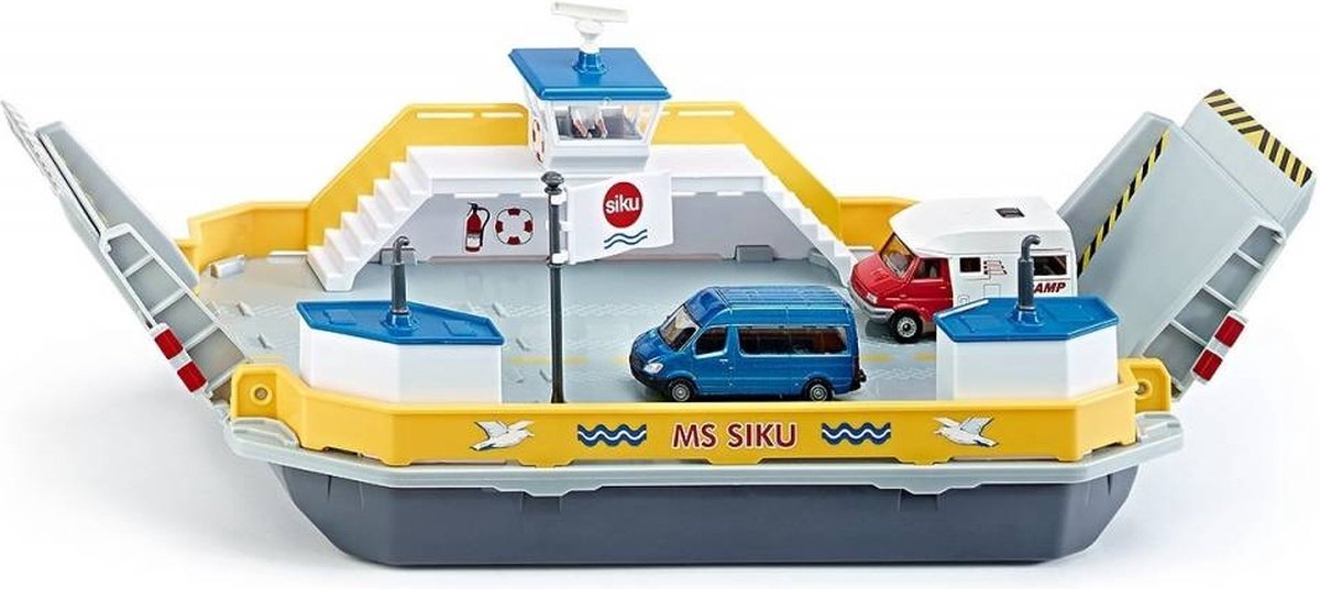 Siku 1750, Autofähre, 1:50, Metall-Kunststoff, inkl. 2 Spielzeugautos, gelbgrau, schwimmfähig, bewegliche Rampen